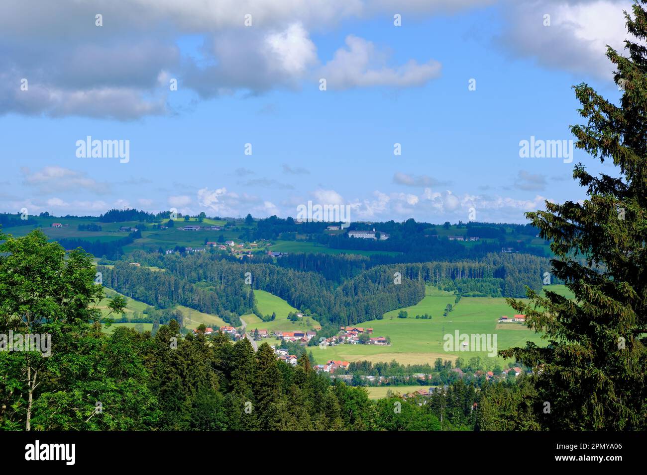 Paesaggio ad Allgaeu alla periferia della strada B 308 appartenente alla strada alpina tedesca vicino Weiler-Simmerberg, Baviera, Germania, Europa. Foto Stock