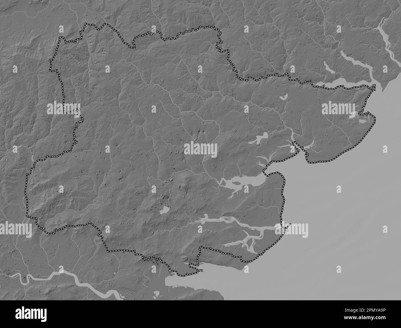 Essex, contea amministrativa dell'Inghilterra - Gran Bretagna. Mappa altimetrica bilivello con laghi e fiumi Foto Stock