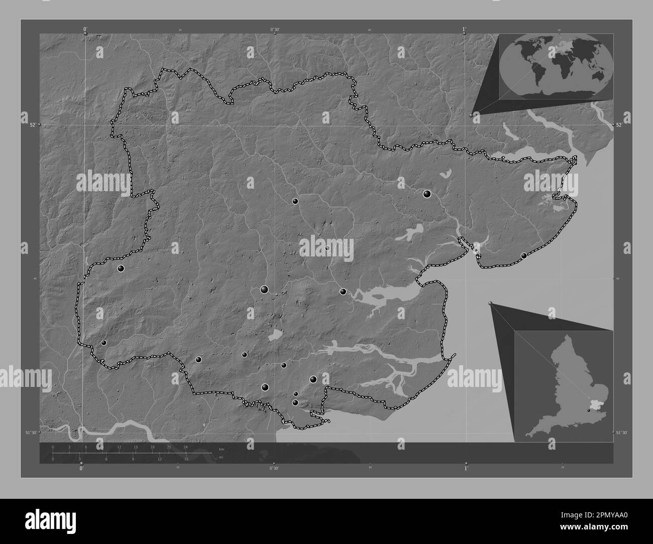 Essex, contea amministrativa dell'Inghilterra - Gran Bretagna. Mappa altimetrica bilivello con laghi e fiumi. Posizioni delle principali città della regione. Angolo Foto Stock