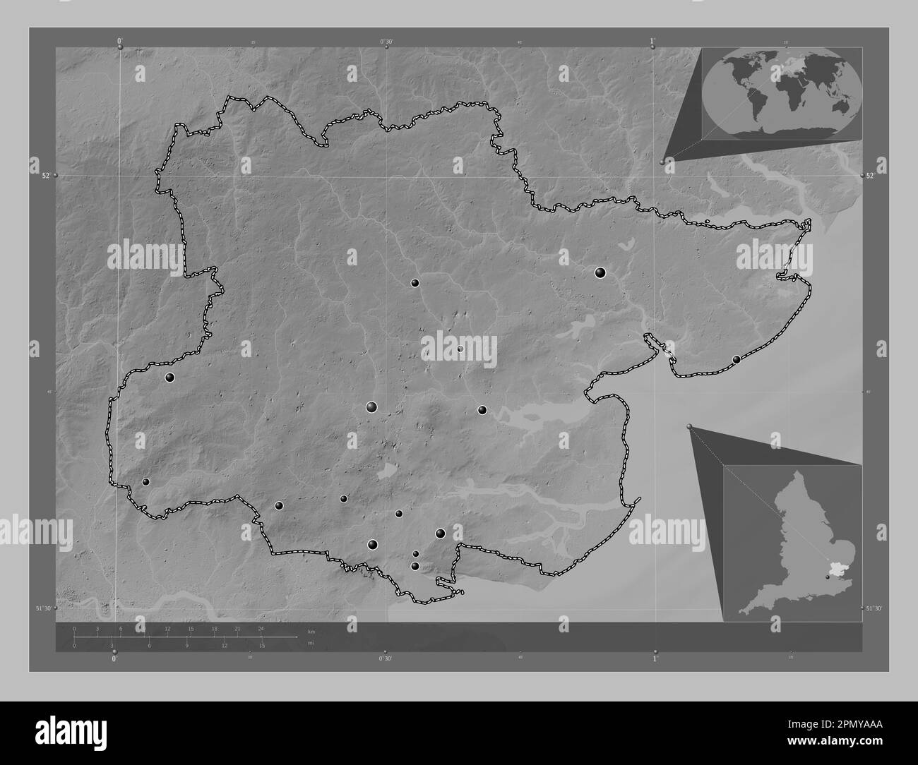 Essex, contea amministrativa dell'Inghilterra - Gran Bretagna. Mappa in scala di grigi con laghi e fiumi. Posizioni delle principali città della regione. Corne Foto Stock