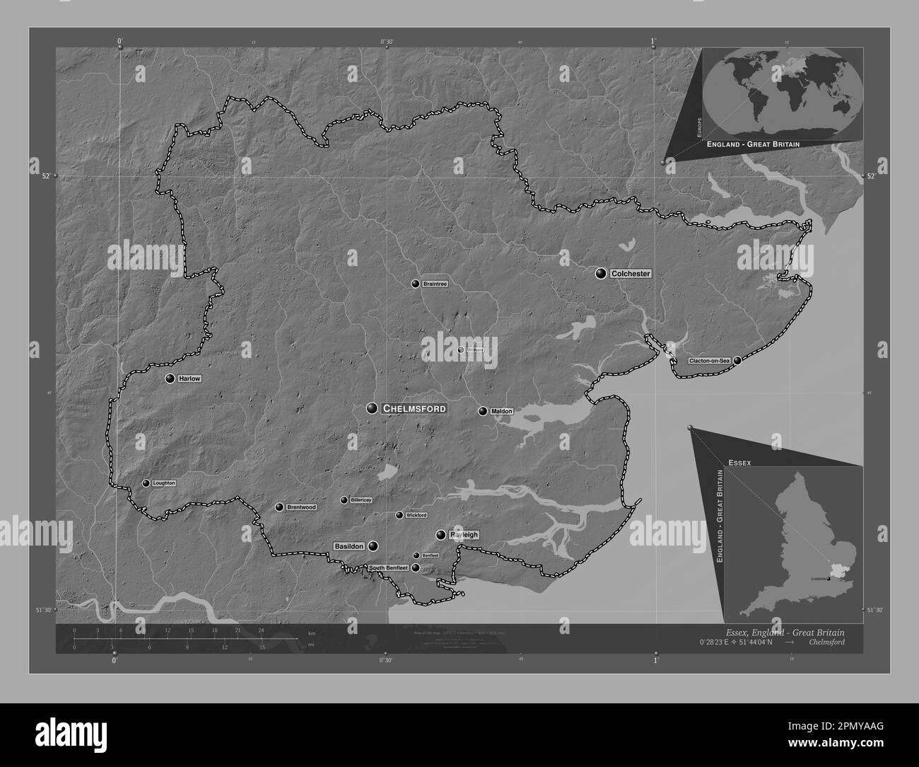 Essex, contea amministrativa dell'Inghilterra - Gran Bretagna. Mappa altimetrica bilivello con laghi e fiumi. Località e nomi delle principali città della regione Foto Stock