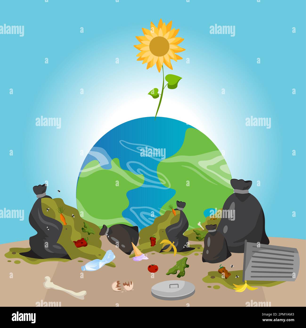 dal pianeta inquinato da rifiuti germogli illustrazione vettore di girasole Illustrazione Vettoriale