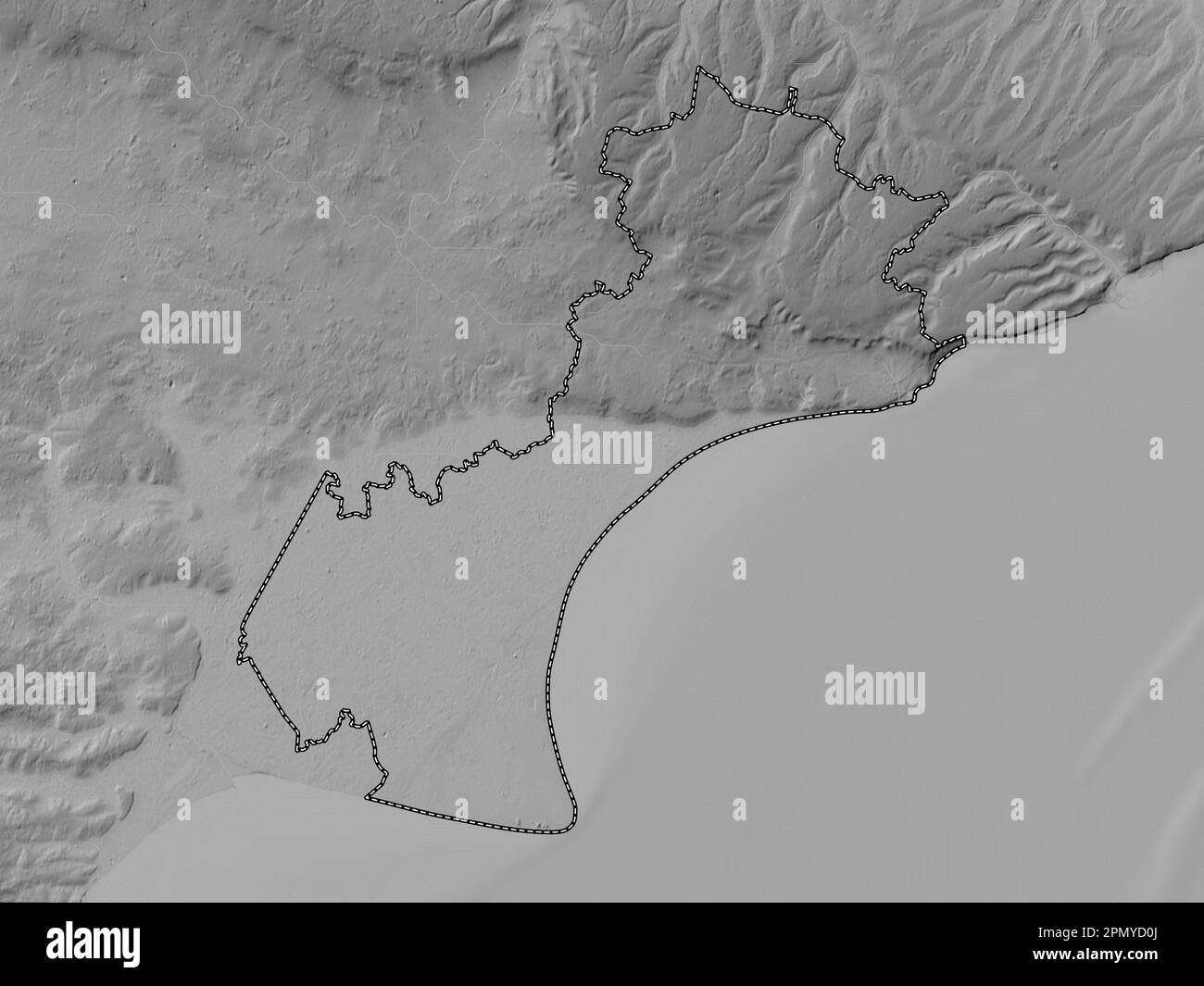 Folkestone e Hythe, distretto non metropolitano dell'Inghilterra - Gran Bretagna. Mappa in scala di grigi con laghi e fiumi Foto Stock