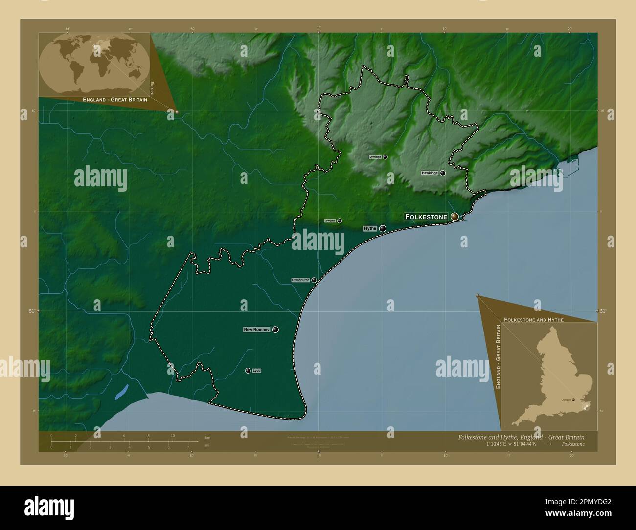 Folkestone e Hythe, distretto non metropolitano dell'Inghilterra - Gran Bretagna. Mappa di altitudine colorata con laghi e fiumi. Località e nomi dei principali Foto Stock