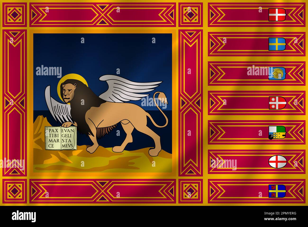 Bandiera veneta che ondeggia nel vento su fondo di seta. Stato Italia Illustrazione Vettoriale