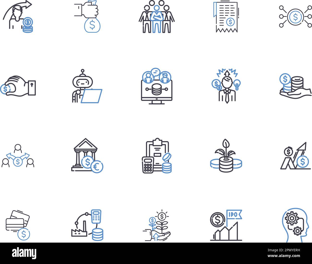 Fare soldi contorno icone raccolta. Guadagni, guadagni, guadagni, investimenti, investimenti, Profitto, vettore vantaggioso e concetto di illustrazione insieme. Prosperare Illustrazione Vettoriale