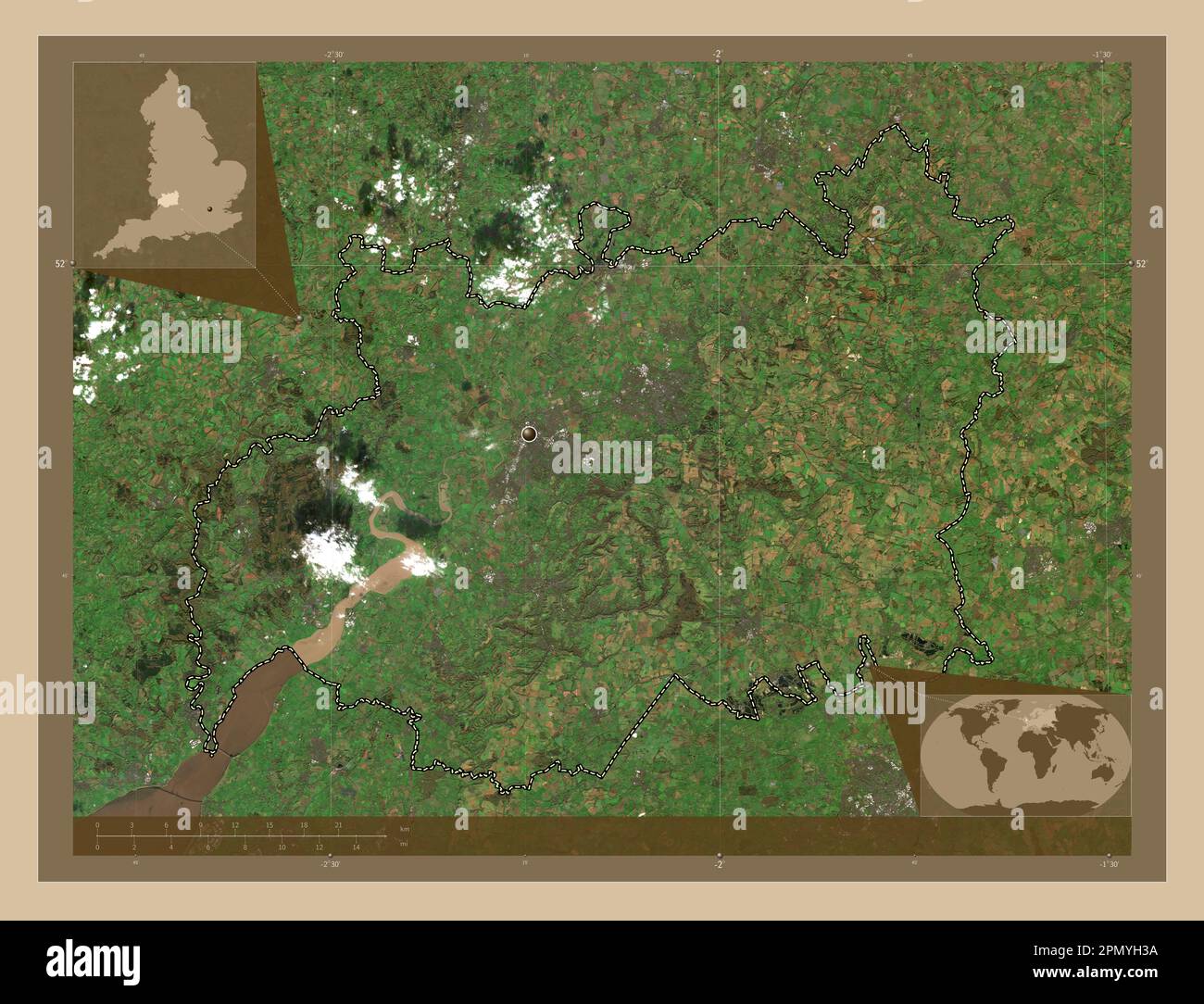 Gloucestershire, contea amministrativa dell'Inghilterra - Gran Bretagna. Mappa satellitare a bassa risoluzione. Mappe delle posizioni ausiliarie degli angoli Foto Stock
