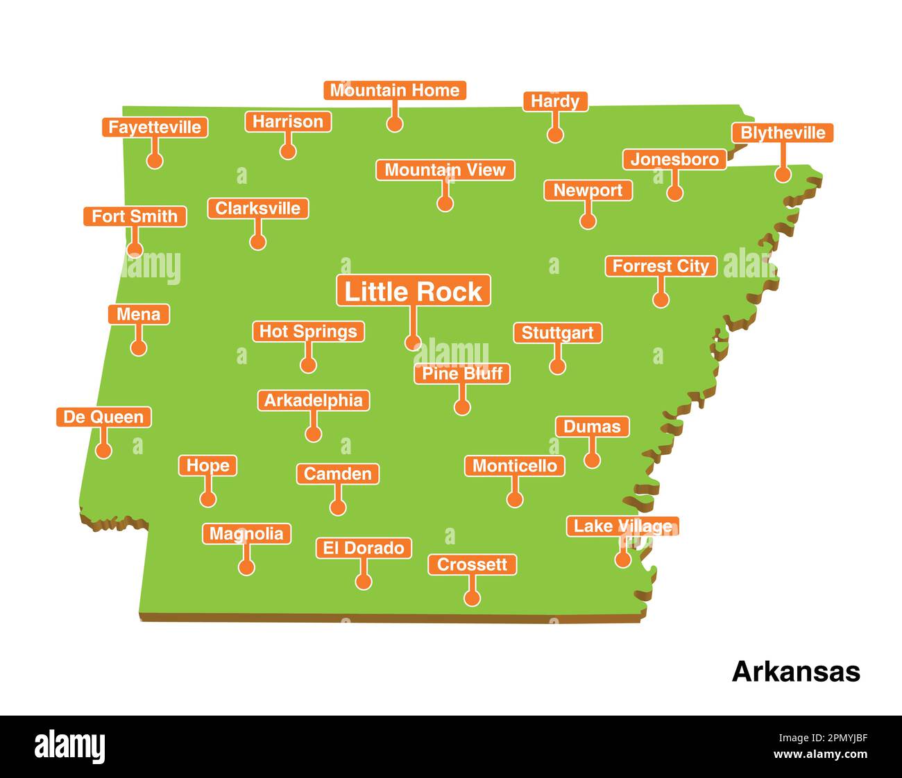 3D vettore illustrato colorato mappa turistica dello stato dell'Arkansas con le città Illustrazione Vettoriale