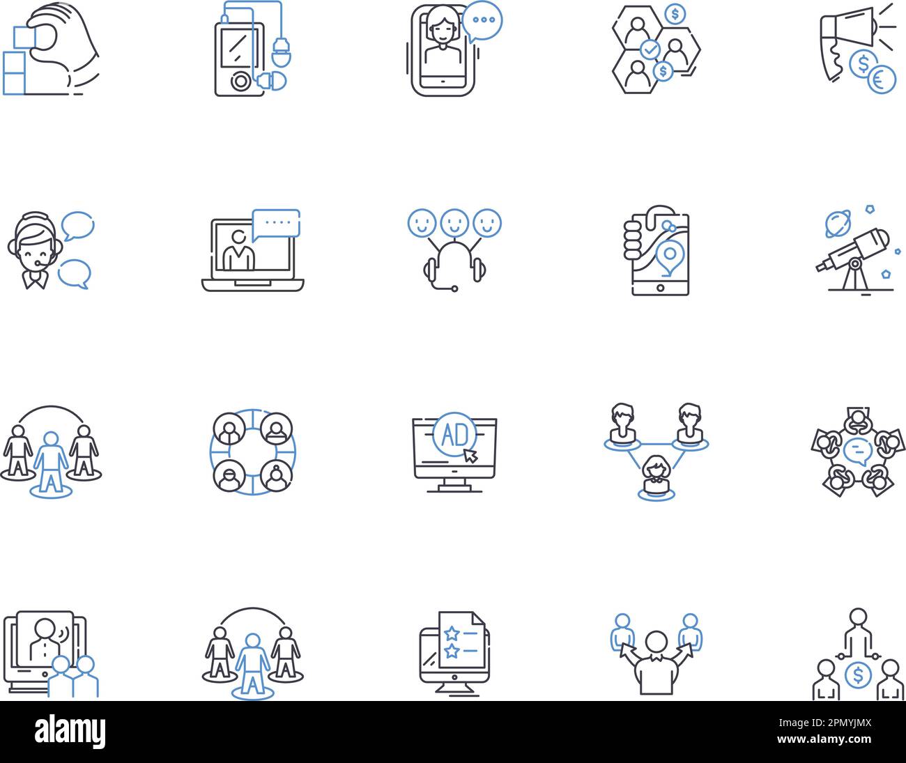 sviluppo della comunità delineare la collezione di icone. Comunità, sviluppo, progettazione, infrastruttura, sociale, Crescita, vettore dei servizi e illustrazione Illustrazione Vettoriale