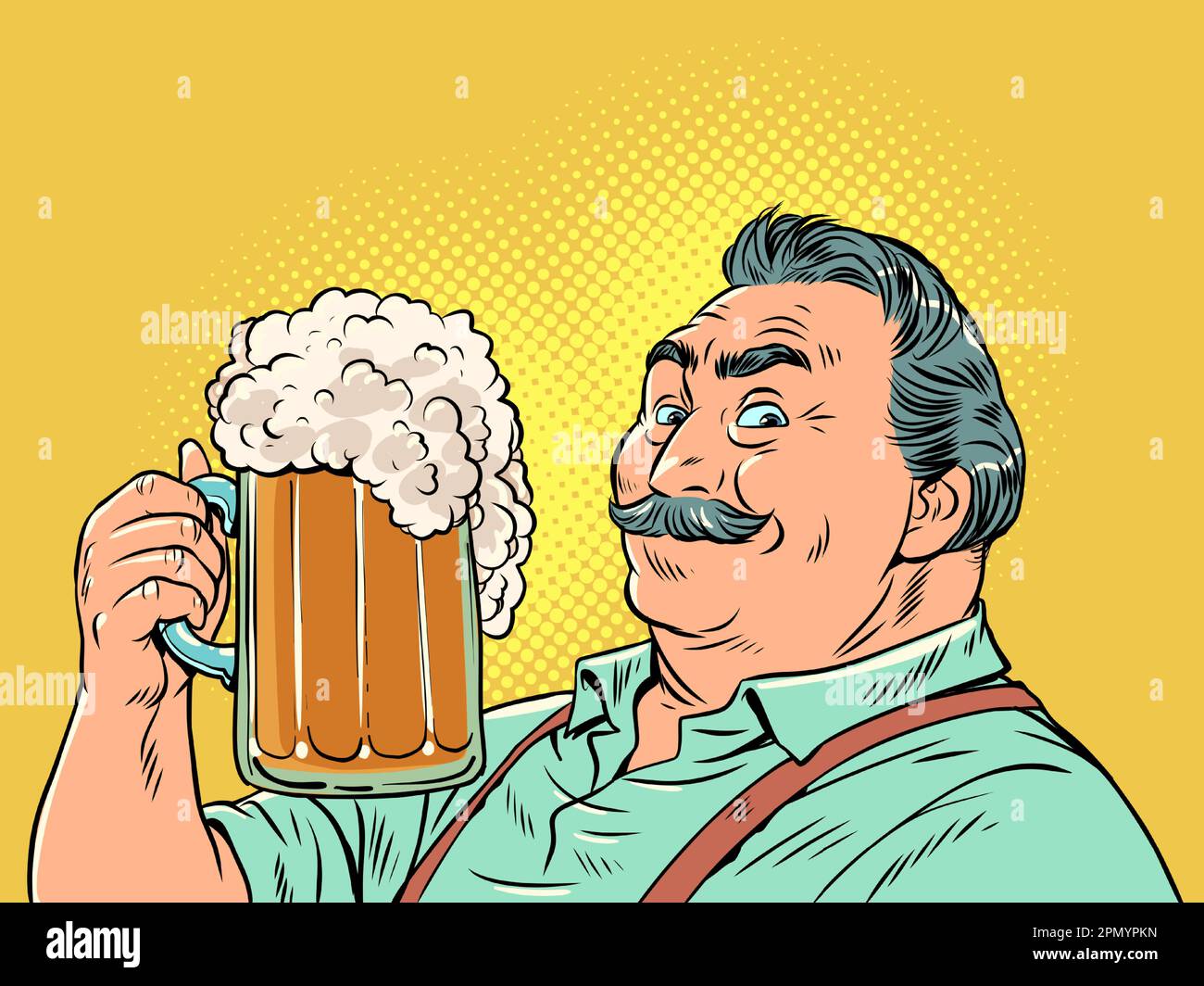 Ottimo alcool. Birra di qualità con molta schiuma. Un uomo con baffi tiene un bicchiere di birra. Pop Art retro Illustrazione Vettoriale