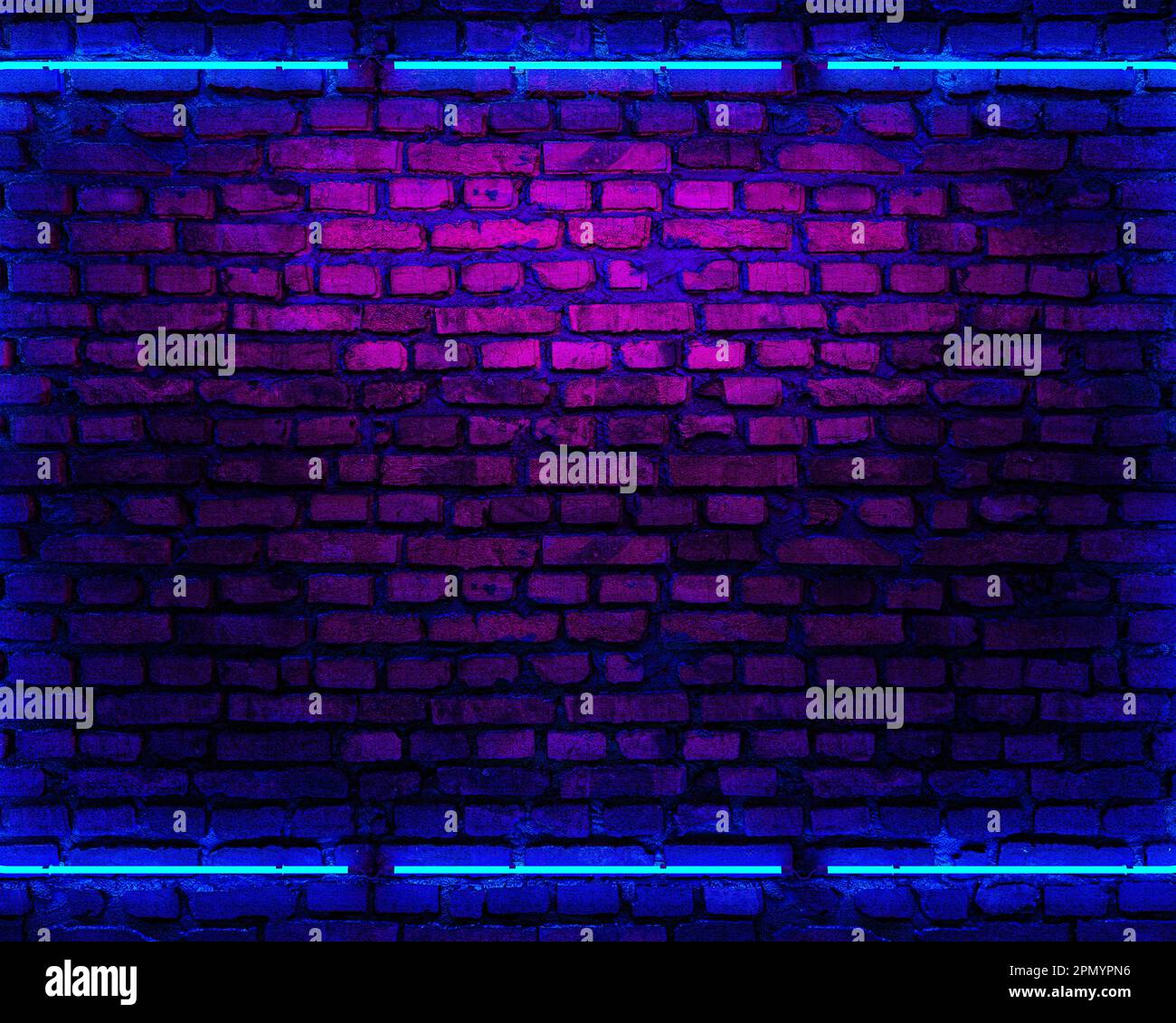 Parete in mattoni vuota, luci al neon, fondo grunge. rendering 3d Foto Stock