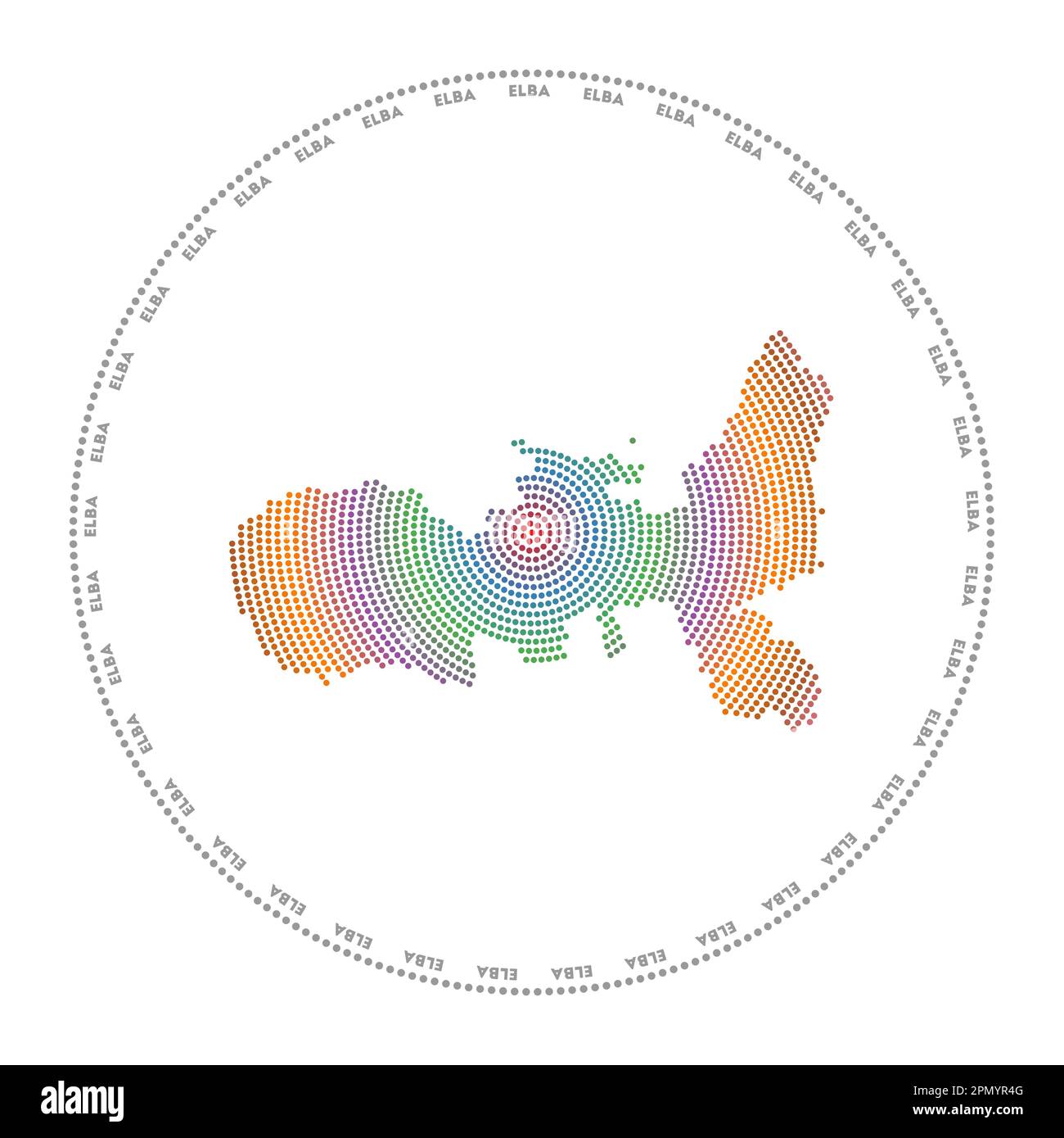 Logo rotondo Elba. Forma in stile digitale dell'Elba in cerchio tratteggiato con nome dell'isola. Icona tecnologica dell'isola con punti graduati. Illustrazione Vettoriale