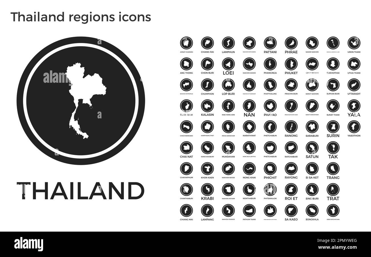 Icone delle regioni della Thailandia. Logo tondi neri con mappe e titoli delle regioni dei paesi. Illustrazione vettoriale. Illustrazione Vettoriale