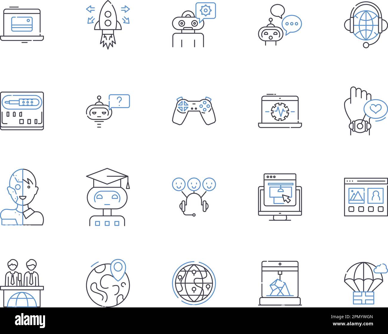 Intelligenza artificiale delineare la raccolta di icone. Intelligenza artificiale, deep learning, apprendimento automatico, robotica, reti neurali, elaborazione del linguaggio naturale Illustrazione Vettoriale