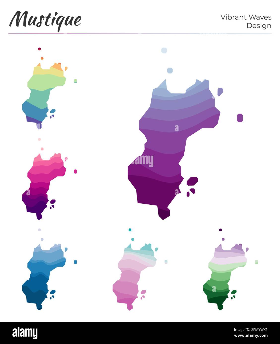 Set di mappe vettoriali di Mustique. Design a onde vibranti. Mappa luminosa dell'isola in stile geometrico con curve lisce. Mappa multicolore Mustique per il tuo design Illustrazione Vettoriale