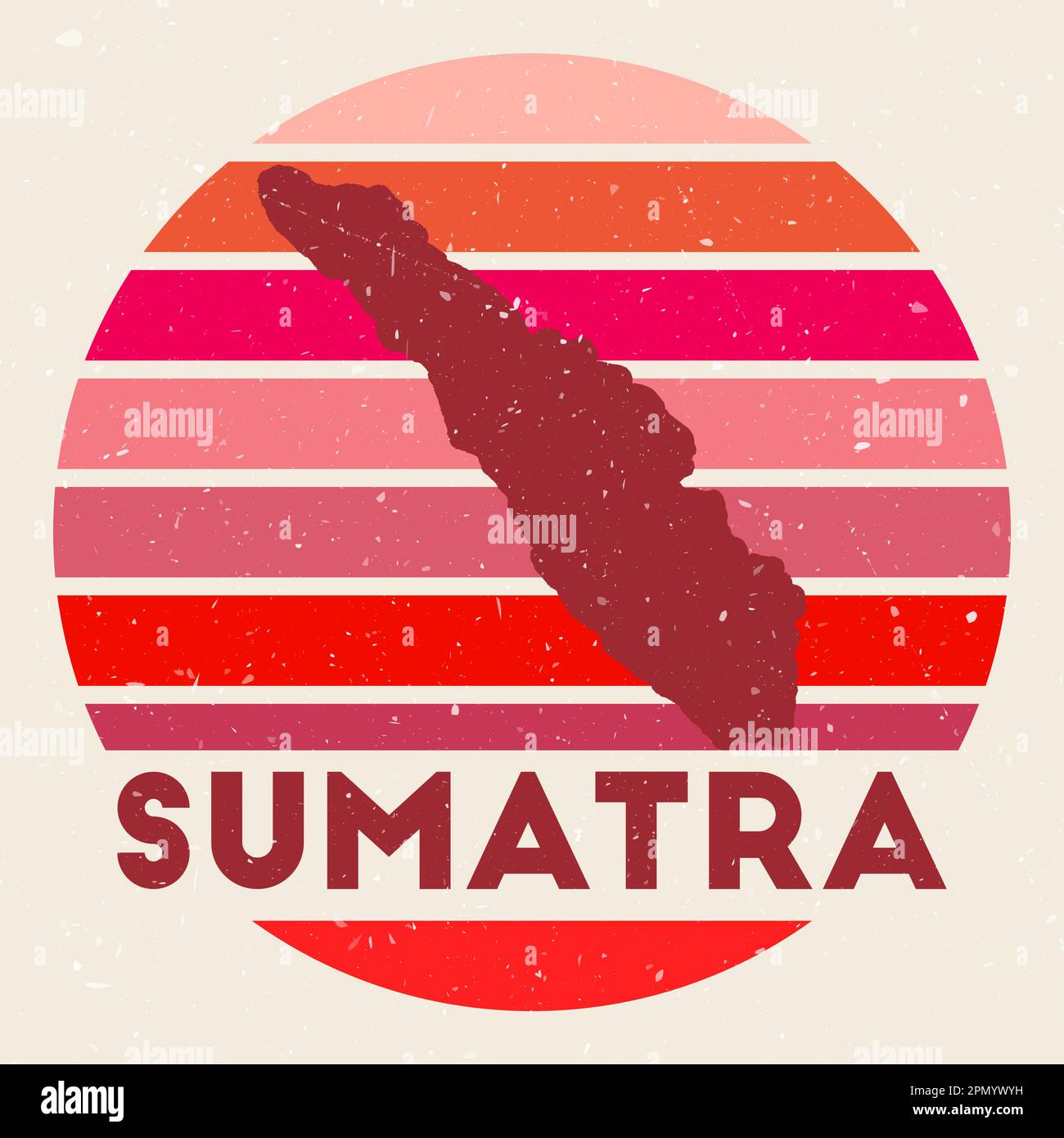 Logo Sumatra. Segno con la mappa di isola e strisce colorate, illustrazione vettoriale. Può essere utilizzato come insegna, logotipo, etichetta, adesivo o badge di Illustrazione Vettoriale