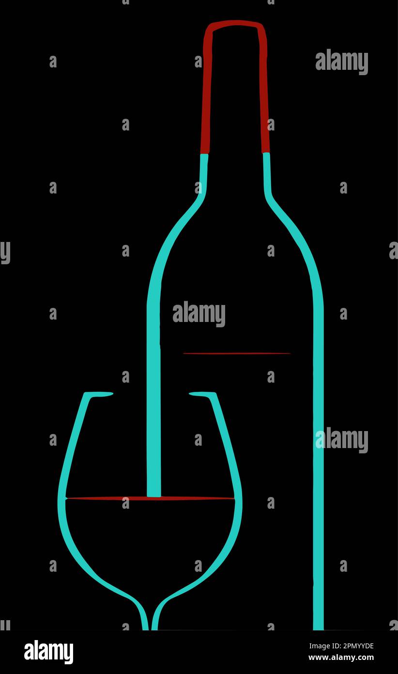 Il vino in bottiglie e bicchieri si vede in una luce d'ingombro che illumina i bordi colorati del vino e del bicchiere. Illustrazione Vettoriale