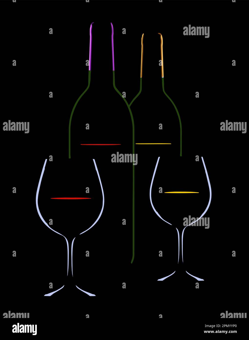 Il vino in bottiglie e bicchieri si vede in una luce d'ingombro che illumina i bordi colorati del vino e del bicchiere. Illustrazione Vettoriale