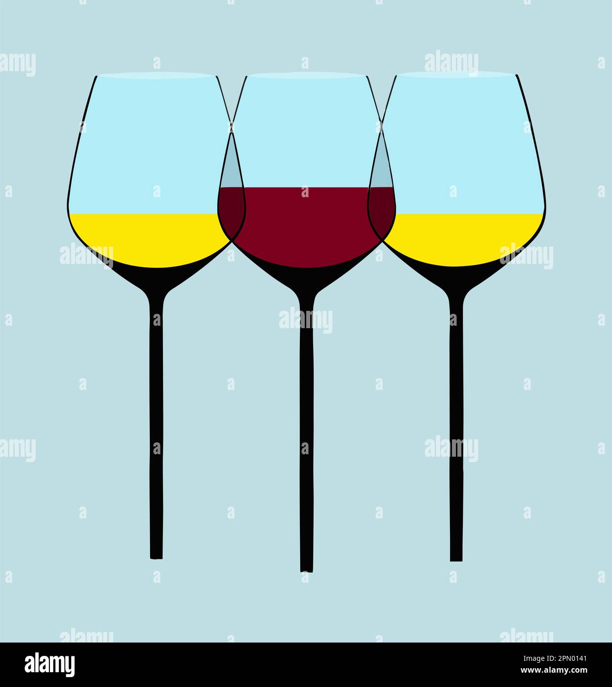 In questa illustrazione vettoriale si vedono vini rossi e bianchi in bicchieri a gambo lungo. Illustrazione Vettoriale