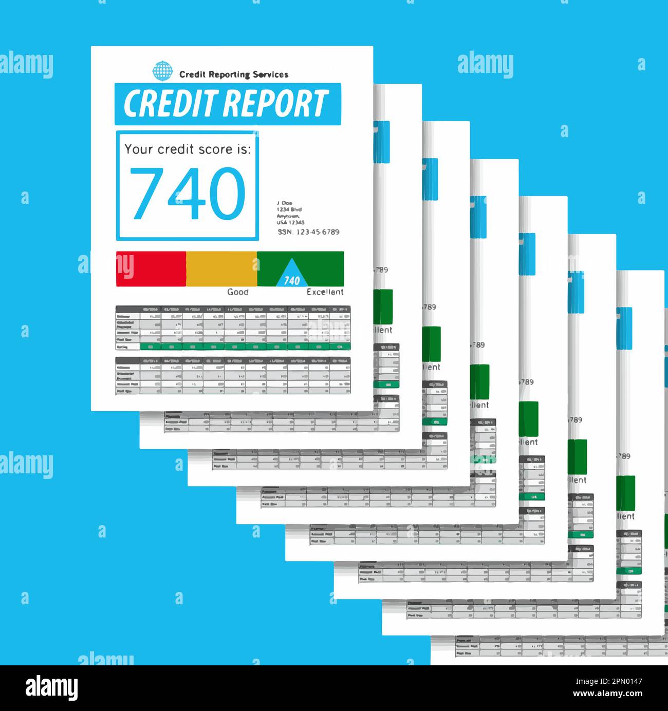 I rapporti finanziari di accreditamento con le informazioni personali di accreditamento e un segno di $740 alla pagina uno sono impilati ed isolati in questa immagine del vettore. Illustrazione Vettoriale