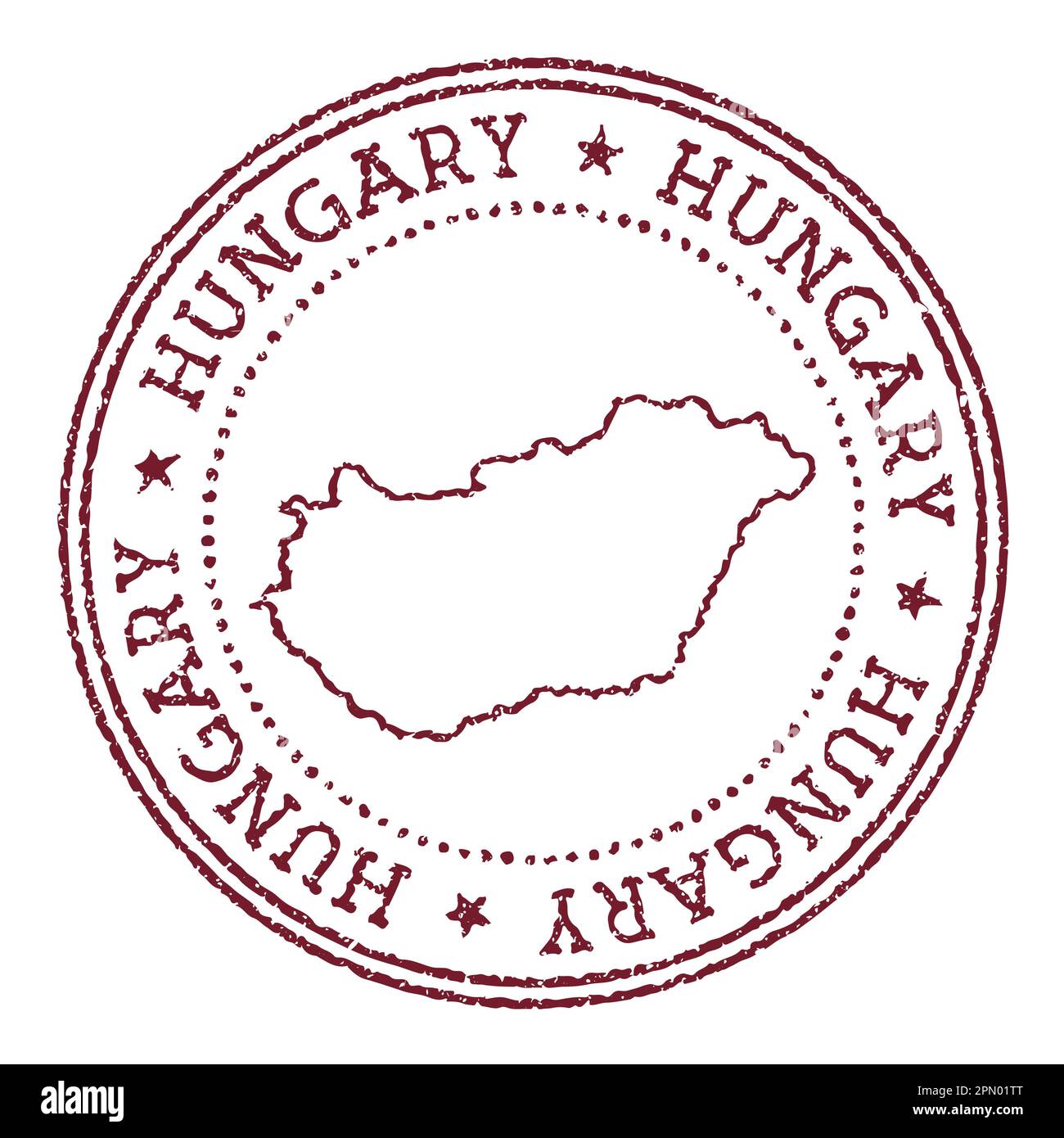 Timbro di gomma rotondo dell'Ungheria con mappa del paese. Timbro passaporto rosso vintage con testo circolare e stelle, illustrazione vettoriale. Illustrazione Vettoriale