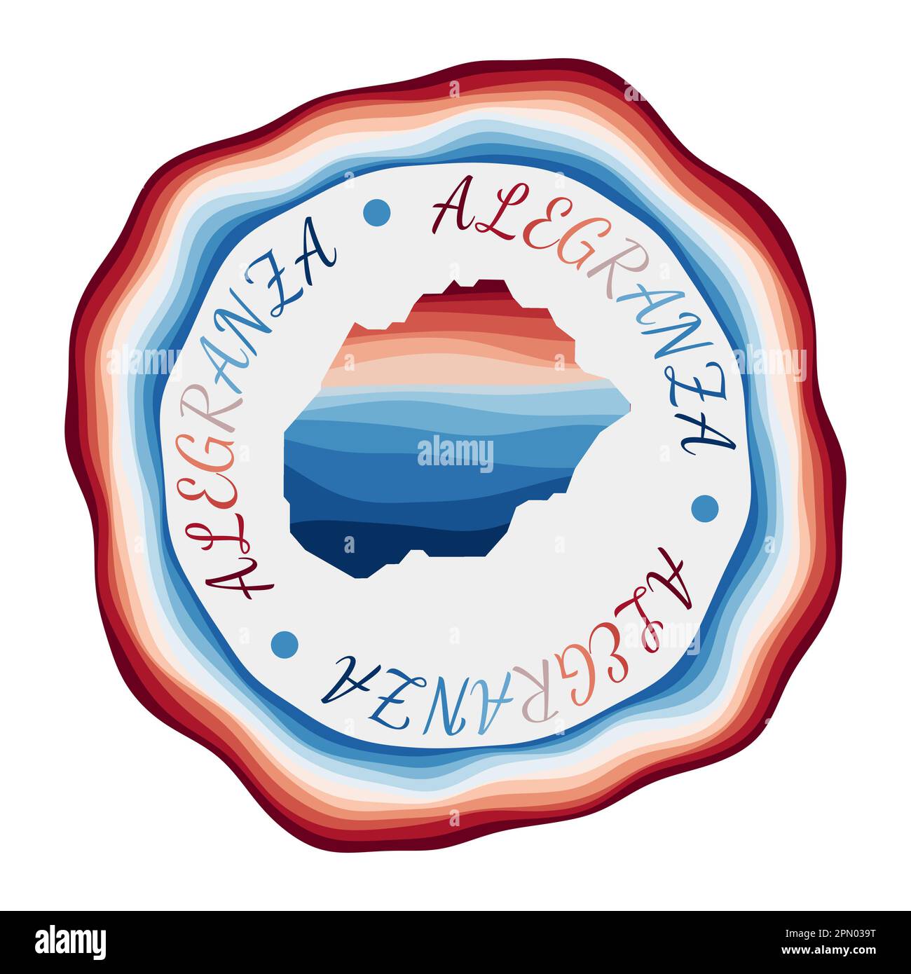 Badge Alegranza. Mappa dell'isola con belle onde geometriche e vivace cornice blu rosso. Vivace logo Alegranza rotondo. Illustrazione vettoriale. Illustrazione Vettoriale