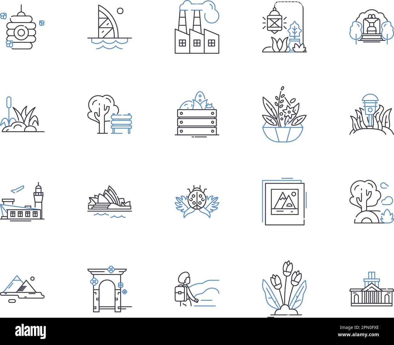 I parchi della città delineano la collezione di icone. Urbano, Parchi, Outdoor, pubblico, percorsi, Giardini, vettore di ricreazione e concetto di illustrazione set. Parchi giochi Illustrazione Vettoriale