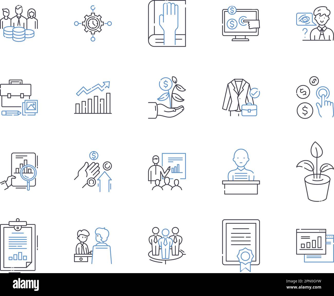 Contabilità e documenti delineano la raccolta di icone. Contabilità, documenti, Audit, contabilità, debiti, Crediti, foglio di calcolo vettoriale e illustrazione Illustrazione Vettoriale