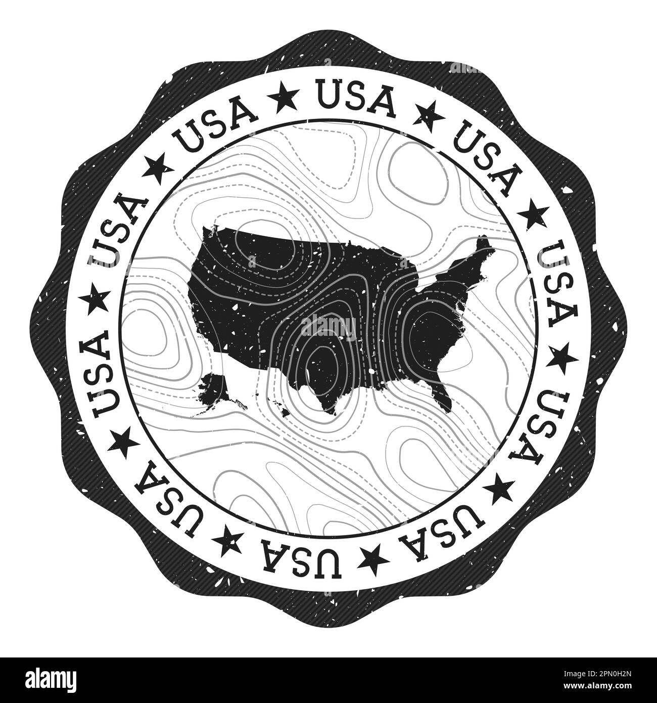 Francobollo USA per esterni. Adesivo rotondo con mappa del paese con isoline topografiche. Illustrazione vettoriale. Illustrazione Vettoriale