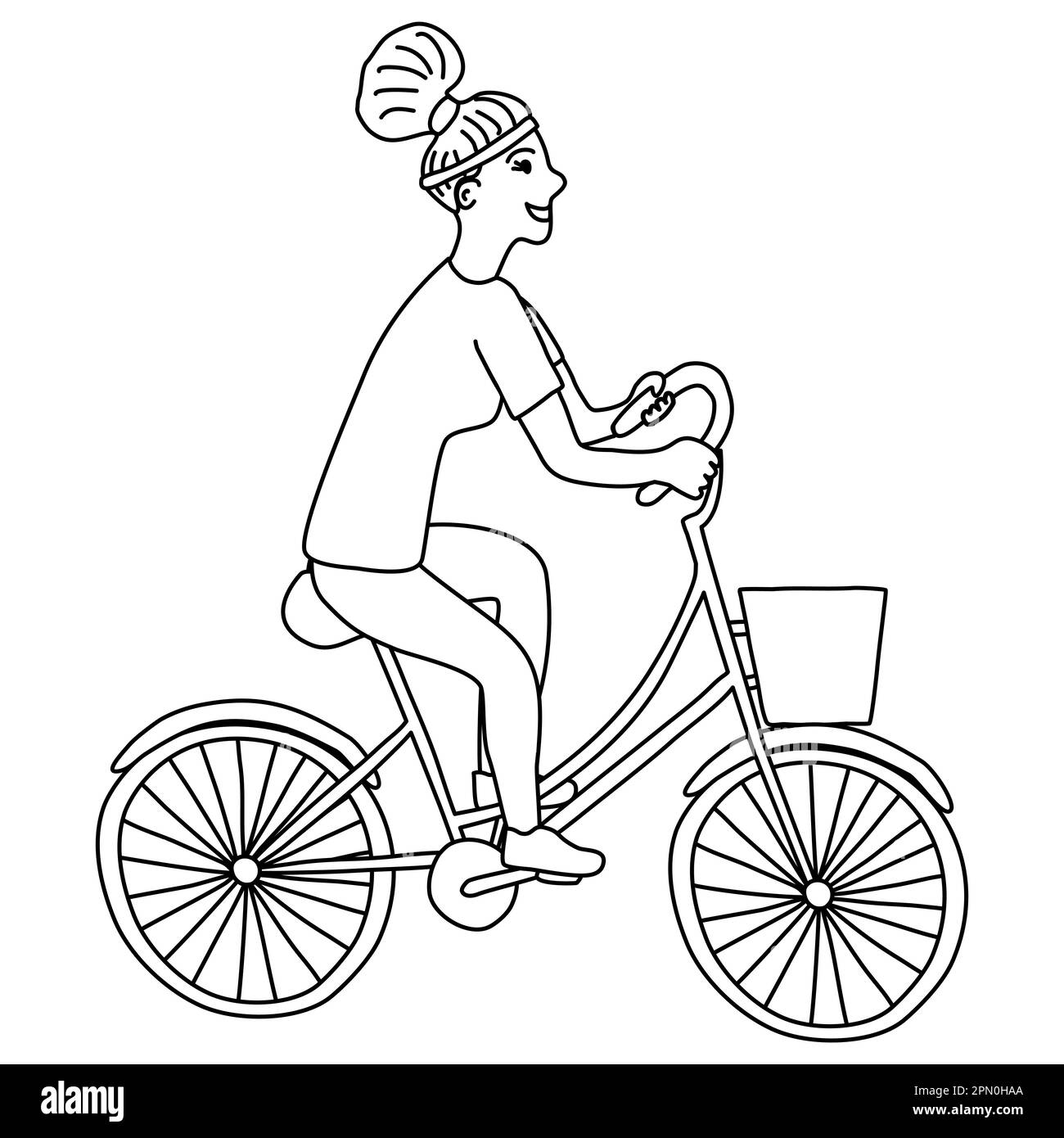 Donna che viaggia in bicicletta, concetto di stile di vita sano e sportivo, veicolo ecologico di trasporto, disegno vettoriale piatto stile doodle per bambini libro da colorare Illustrazione Vettoriale