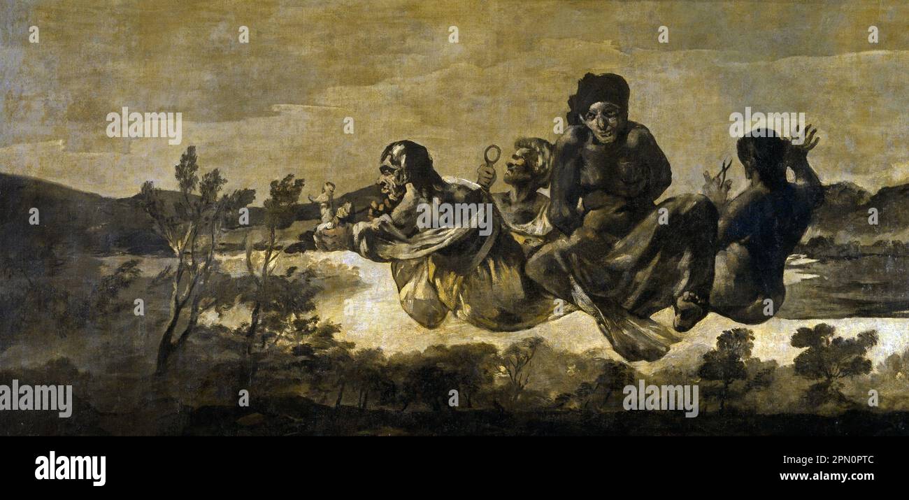 Atropos (1819-1823) dipinto dal pittore spagnolo Francisco Goya. Si tratta di uno dei 14 'dipinti neri' , una serie di 14 dipinti molto scuri e inquietanti da quando l'artista, nel suo 70s, è stato assediato da problemi di salute fisica e mentale, ed è stato tormentato da un terrore di vecchiaia e paura della follia. Nel mito greco, Atropos è uno dei Moirai, o Fates, che determinano la vita dell'uomo. Foto Stock