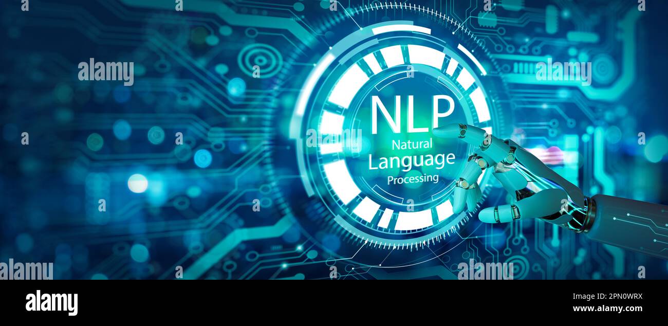 Il robot tocca lo schermo dell'ologramma NLP e lo sfondo della tecnologia. Tecnologia di elaborazione cognitiva del linguaggio naturale e tecnologia ai. Foto Stock