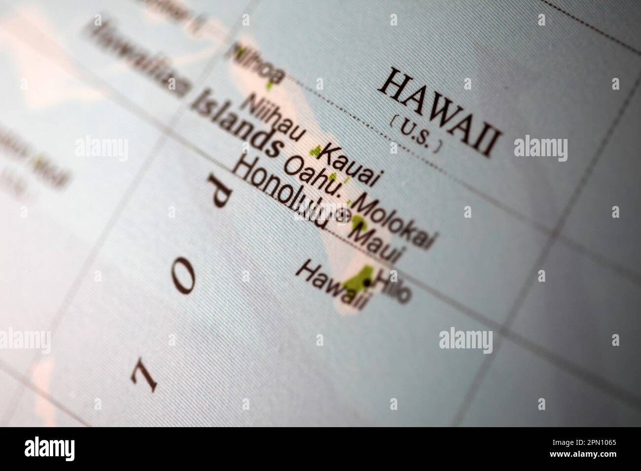 Primo piano delle isole hawaiane su un mondo. Profondità di campo superficiale intenzionale Foto Stock