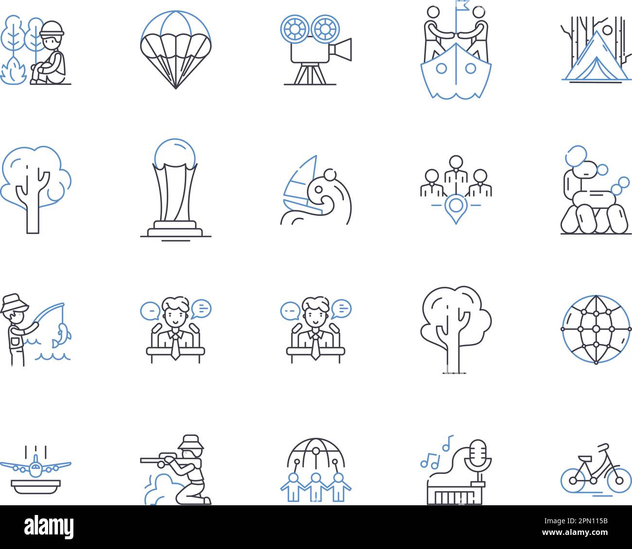 Giochi attivi e sportivi delineano la collezione di icone. World, Italiano, Sport, Palle, Calcio, Calcio, Società, Tennis, Volley Vector e set di concetto di illustrazione Illustrazione Vettoriale