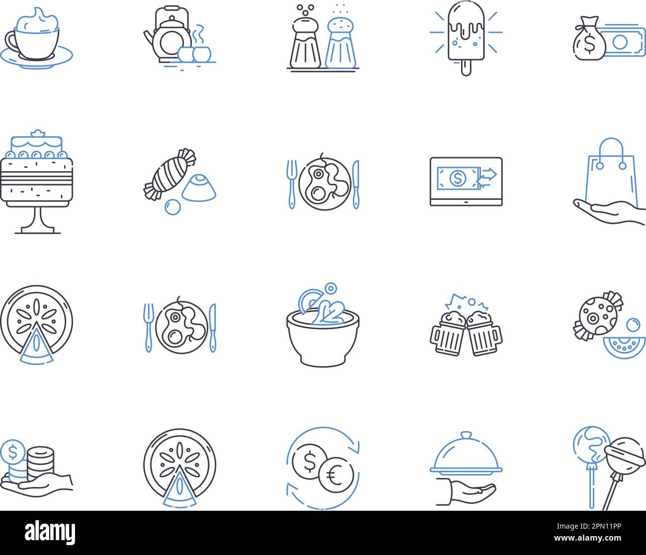 Cafe cultura delineare la collezione di icone. Caffè, Cultura, pranzo, relax, socializzazione, Raccolta, vettore di cucina e set di concetto di illustrazione Illustrazione Vettoriale