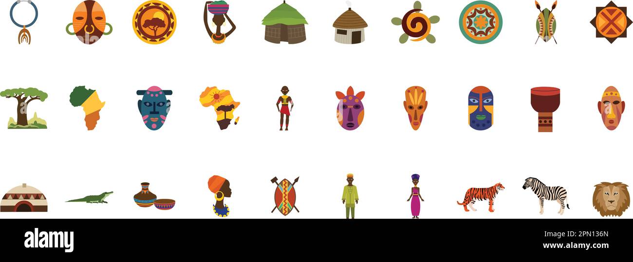 Set adesivi africani capanna tradizionale con tetto in paglia, scudo baobab con lancia, maschera tribale, tamburo in stile cartoon isolato su sfondo bianco. Safari collezione tribale, edificio rurale del deserto Illustrazione Vettoriale