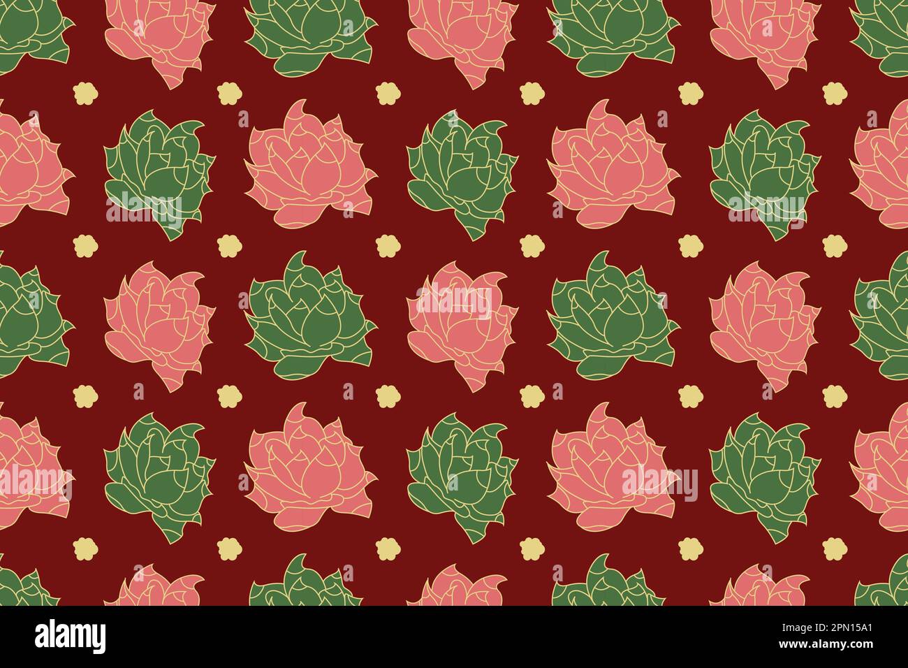 Motivo floreale senza cuciture con fiori dipinti rosa e verde su sfondo rosso. Texture disegnata a mano per tessuti, confezioni regalo, disegni artistici da parete. Illustrazione vettoriale in stile scandinavo. Illustrazione Vettoriale