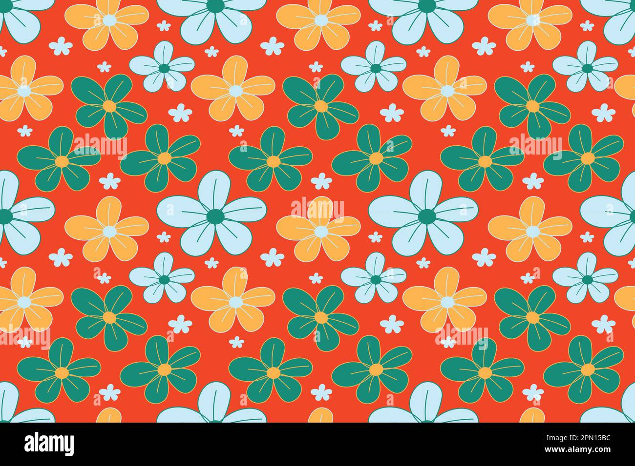Fiori fioriti. Ripetizione senza giunture. Sfondo floreale per tessuti, moda, sfondi, stampa. Fiori sullo sfondo arancione. Margherite di stile russo. Design floreale alla moda. Illustrazione vettoriale Illustrazione Vettoriale