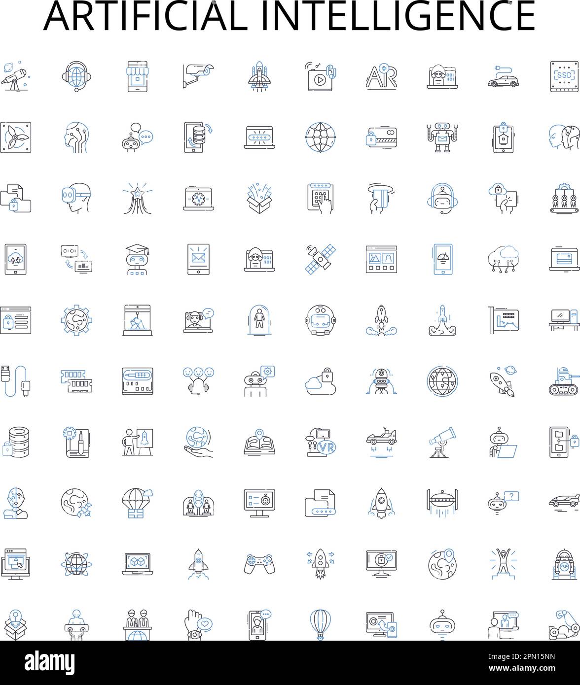 Intelligenza artificiale delineare la raccolta di icone. Intelligenza artificiale, deep learning, apprendimento automatico, robotica, reti neurali, elaborazione del linguaggio naturale Illustrazione Vettoriale