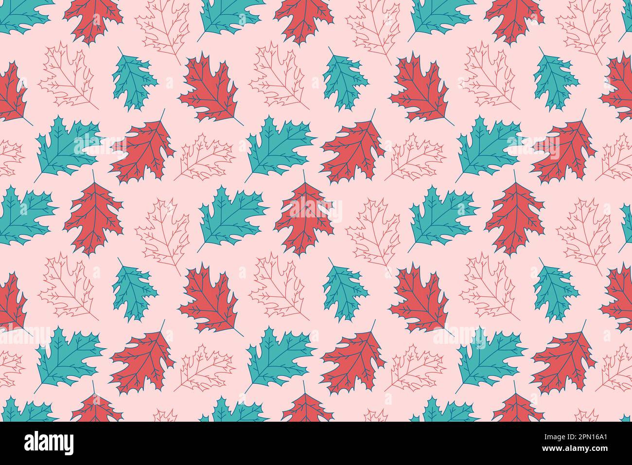 Motivo floreale astratto senza cuciture con foglie di acero e rovere. Foglie rosse e blu su sfondo rosa. Sfondo con fogliame, petali per carta da imballaggio, tessuto, cartoncino, nastro. Illustrazione vettoriale. Illustrazione Vettoriale