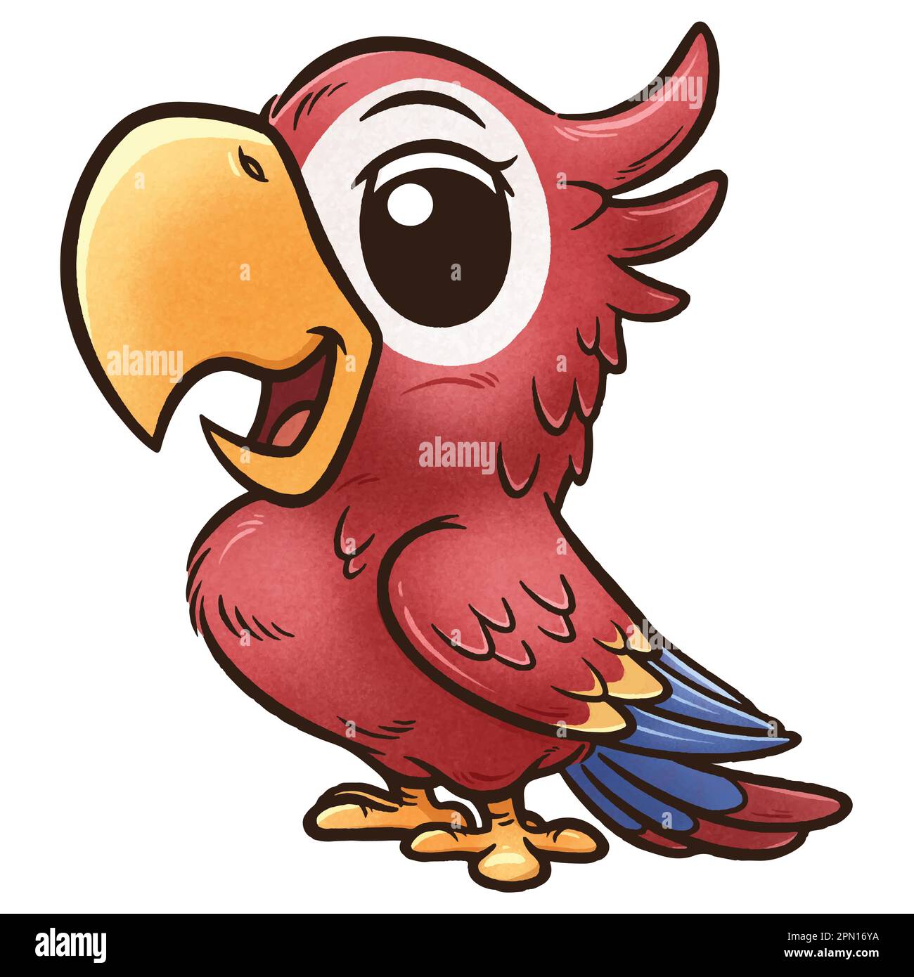 Un cartone animato vivace e allegro che raffigura un pappagallo con occhi espressivi e un sorriso giocoso. Illustrazione Vettoriale