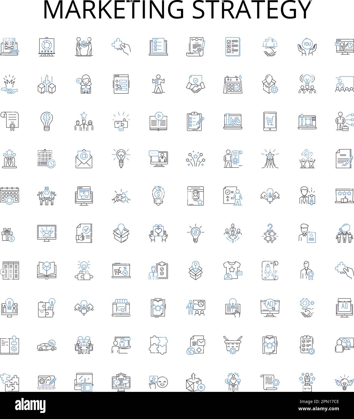 Strategia di marketing delineare la raccolta di icone. Marchio, promozione, pubblicità, targeting, posizionamento, Segmentazione, Riprogetta set di illustrazioni vettoriali Illustrazione Vettoriale