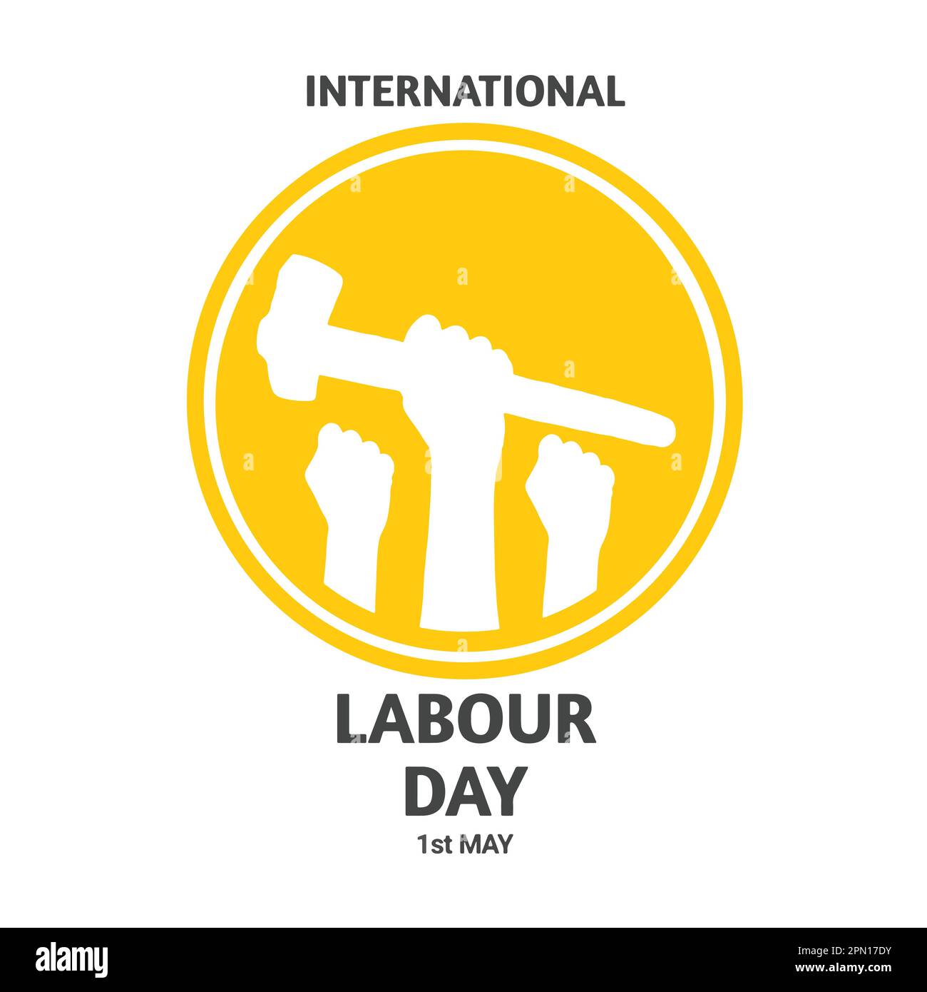 Modello di disegno vettoriale per la giornata internazionale del lavoro. Banner della Giornata internazionale del lavoro con martello e mani umane. Illustrazione Vettoriale