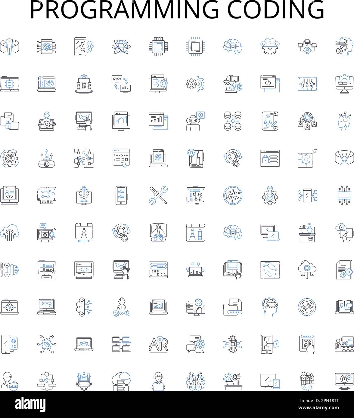 Programmazione della raccolta delle icone dei profili di codifica. Codifica, programmazione, script, compilazione, debug, Sintassi, set di illustrazioni vettoriali algoritmi Illustrazione Vettoriale