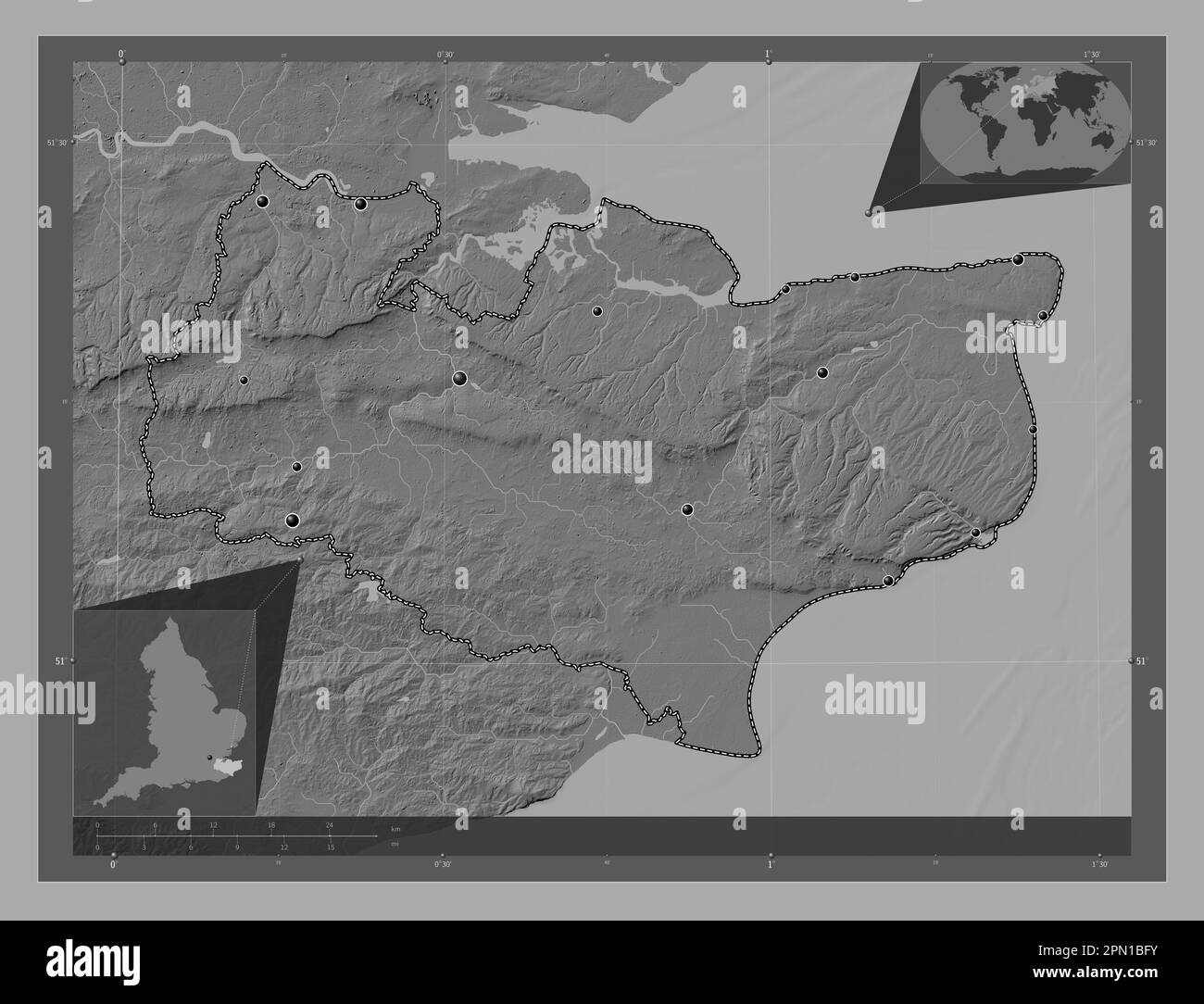 Kent, contea amministrativa dell'Inghilterra - Gran Bretagna. Mappa altimetrica bilivello con laghi e fiumi. Posizioni delle principali città della regione. Angolo a Foto Stock