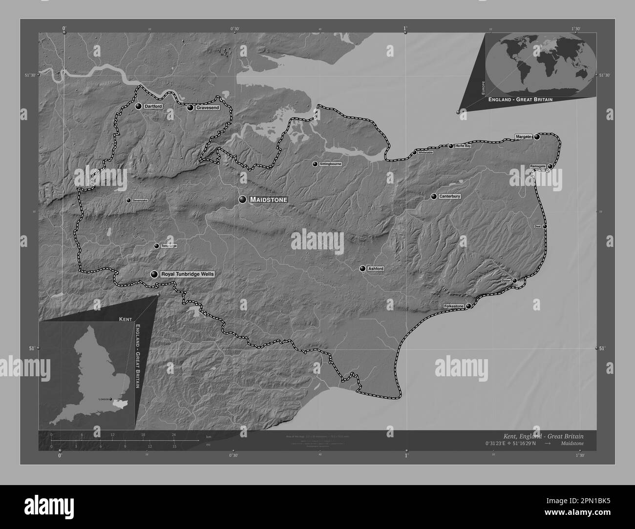 Kent, contea amministrativa dell'Inghilterra - Gran Bretagna. Mappa altimetrica bilivello con laghi e fiumi. Località e nomi delle principali città della regione Foto Stock