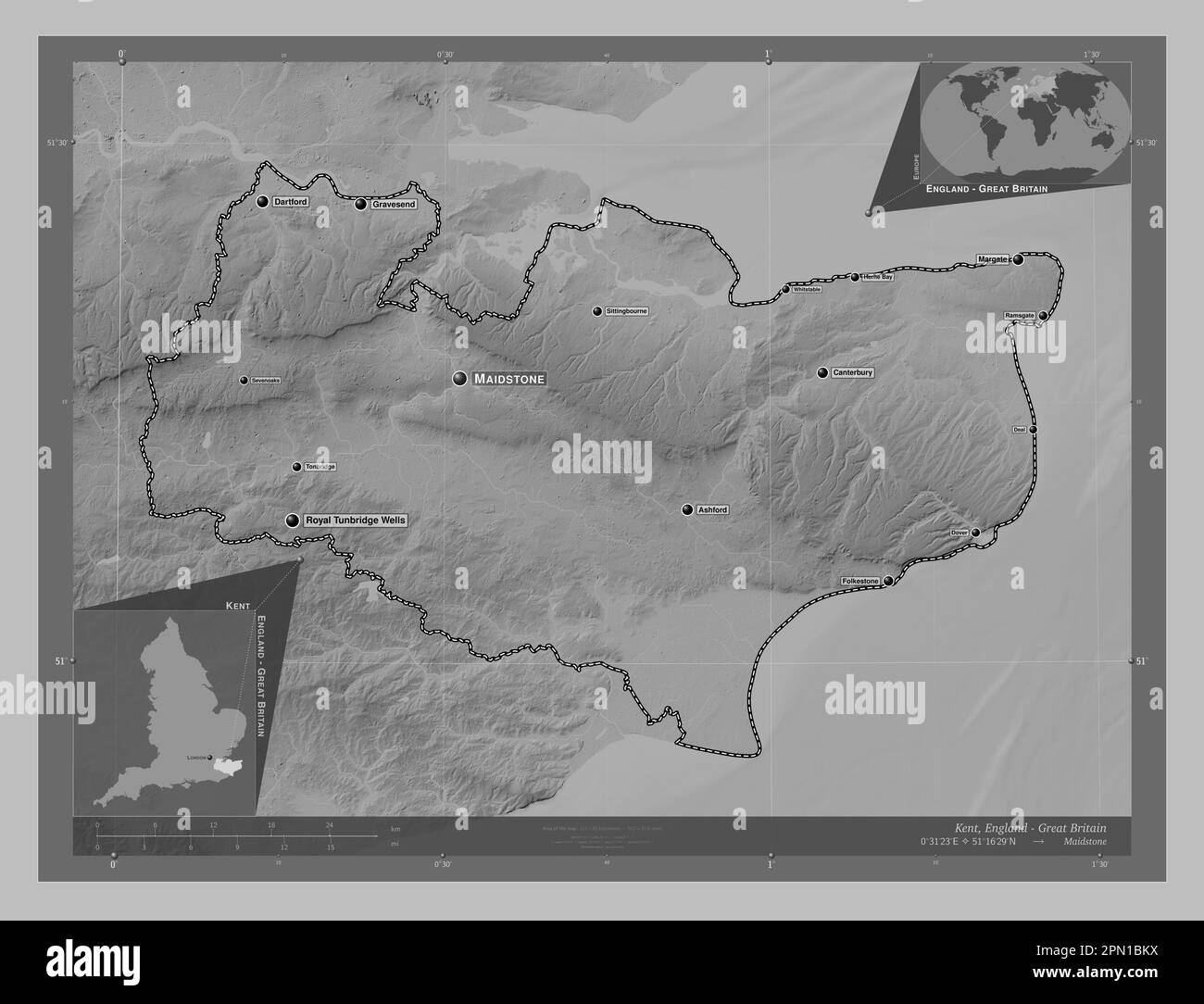 Kent, contea amministrativa dell'Inghilterra - Gran Bretagna. Mappa in scala di grigi con laghi e fiumi. Località e nomi delle principali città del regi Foto Stock