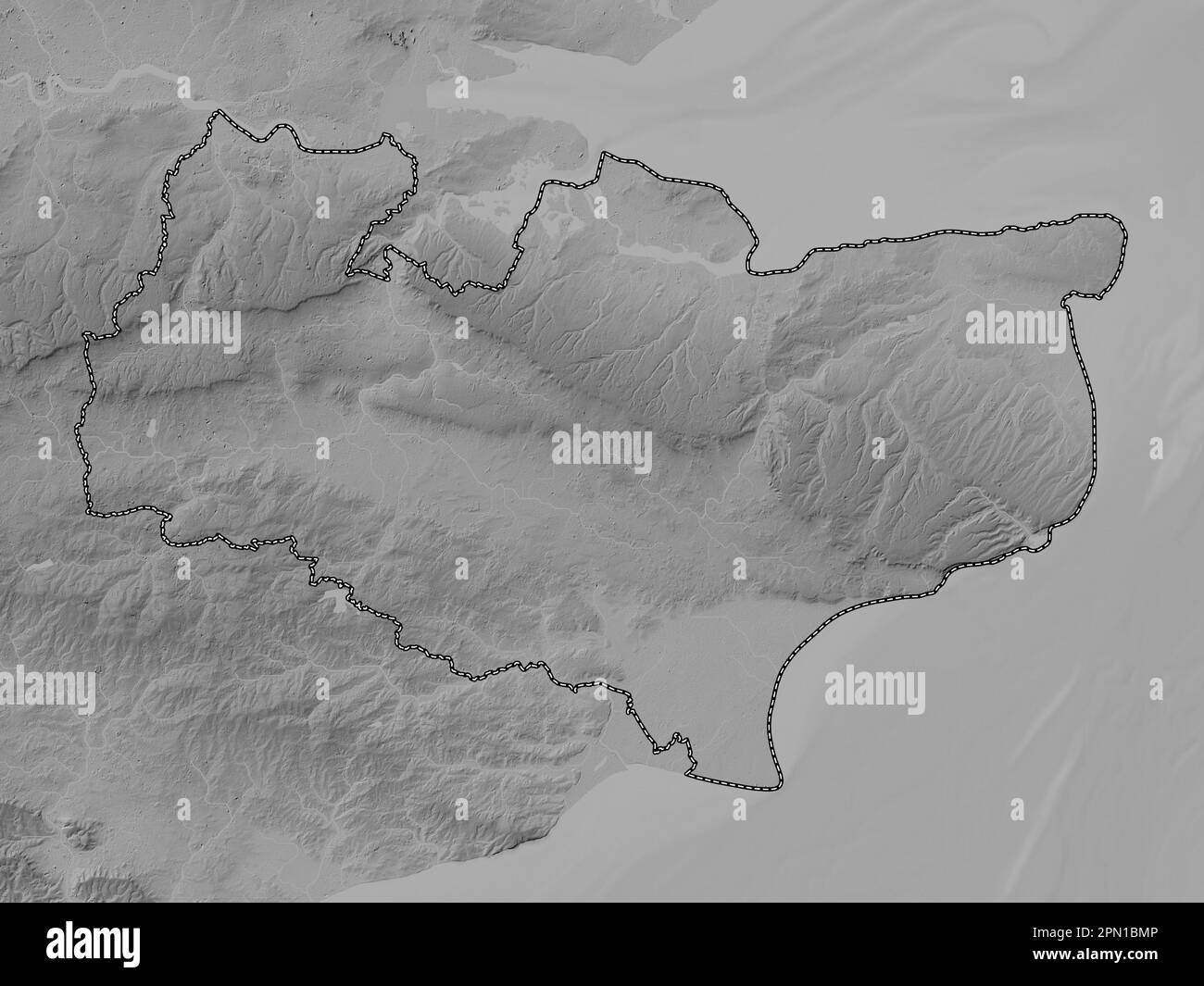 Kent, contea amministrativa dell'Inghilterra - Gran Bretagna. Mappa in scala di grigi con laghi e fiumi Foto Stock