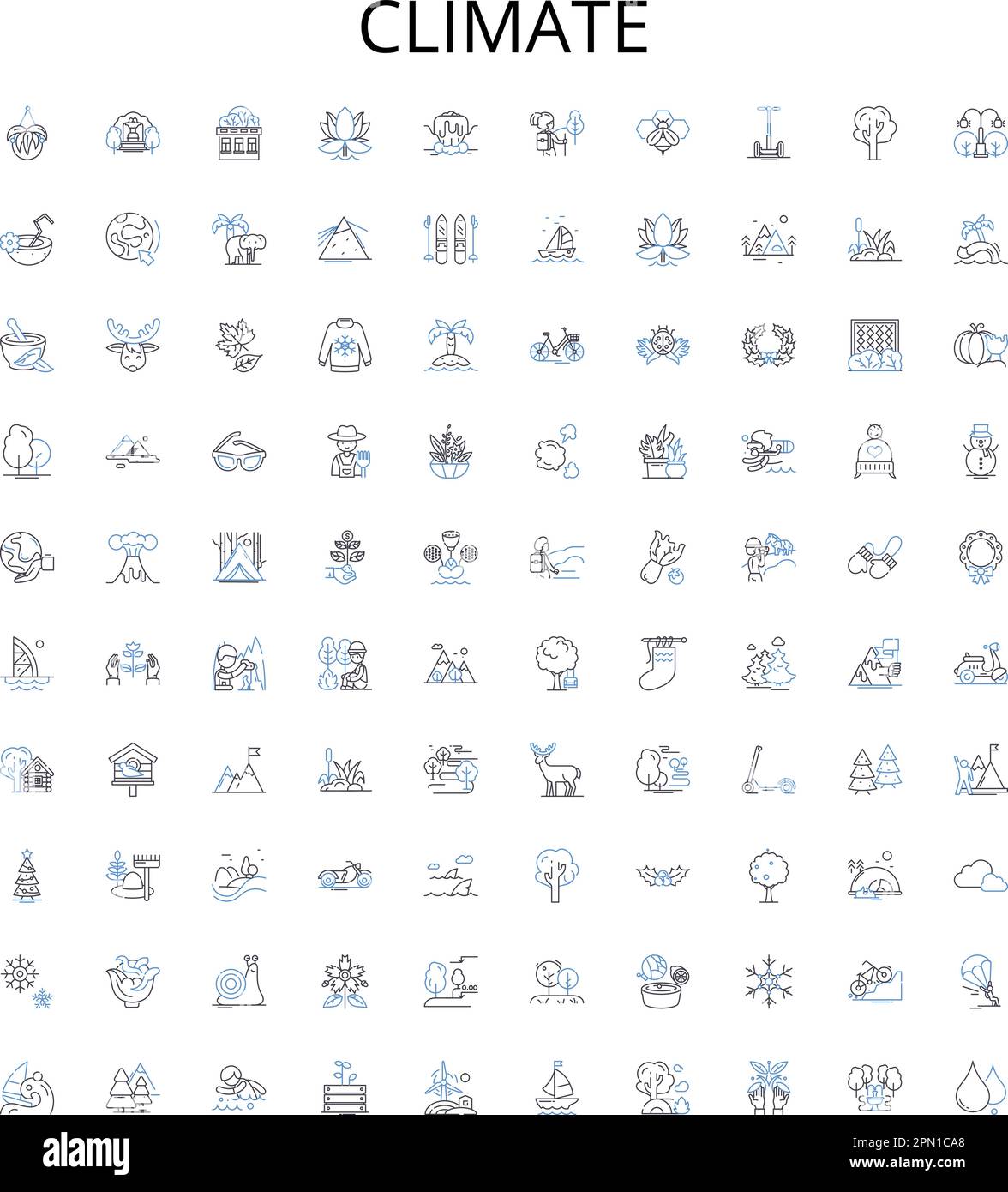 Collezione di icone di contorno del clima. Clima, calore, freddo, temperature, Globale, Set di illustrazioni vettoriali meteo e atmosfera. Umidità, vento, cambiamento Illustrazione Vettoriale