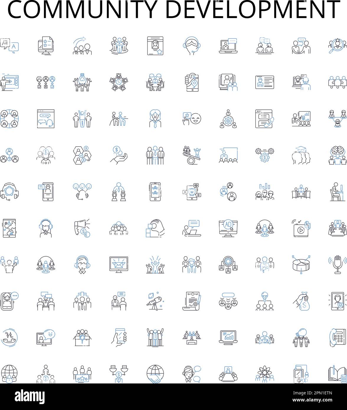 sviluppo della comunità delineare la collezione di icone. Comunità, sviluppo, progettazione, infrastruttura, sociale, Crescita, Set di illustrazioni vettoriali servizi Illustrazione Vettoriale